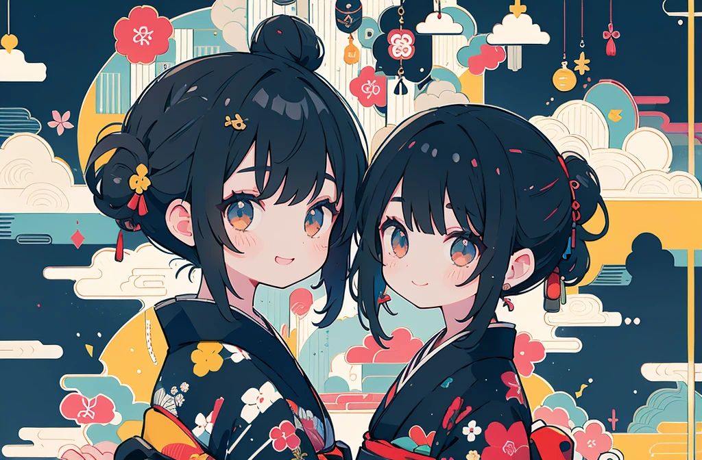 1 Mädchen, Schwarz_Haar, Haarknoten, Kimono, japanisch_Kleidung, lächeln