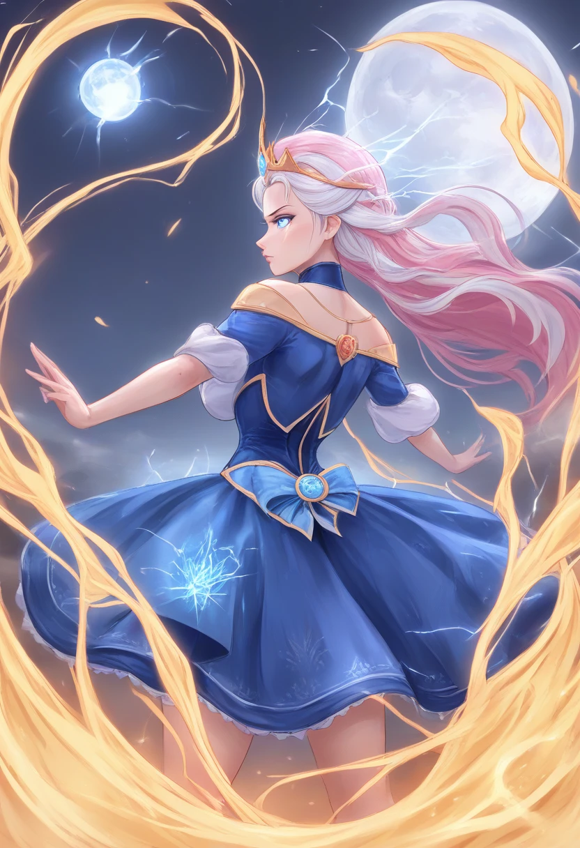 night, ((1 girl)), alone, masterpiece, 8k wallpaper, highres, absurdres, high quality background, long hair, pink hair, multicolor hair, beautiful frozen village, (full bright moon), blue dress, detailed ruffled petticoat dress, jewelry dress, (magic:1.2), blue fire, blue eyes, glowing eyes, fire, ice goddess, (blue detailed beautiful crown), electricity, blue electricity, blue light particles, she's wearing a crown, her lips are big and fierce, her eyes are big and well lined and her breasts and ass are both large, she is the ice queen and she's very beautiful with white hair and a small nose (pink and blue)