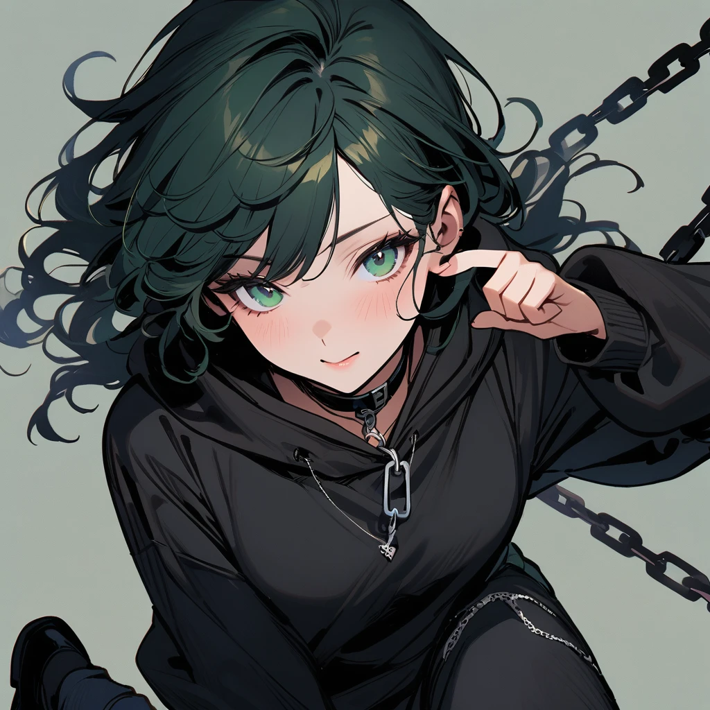 (well done:1) woman, long black curly hair, gray left eye, dark green right eye, black choker, black sweatshirt with white details, black sweatpants with some chains around them, black boots.