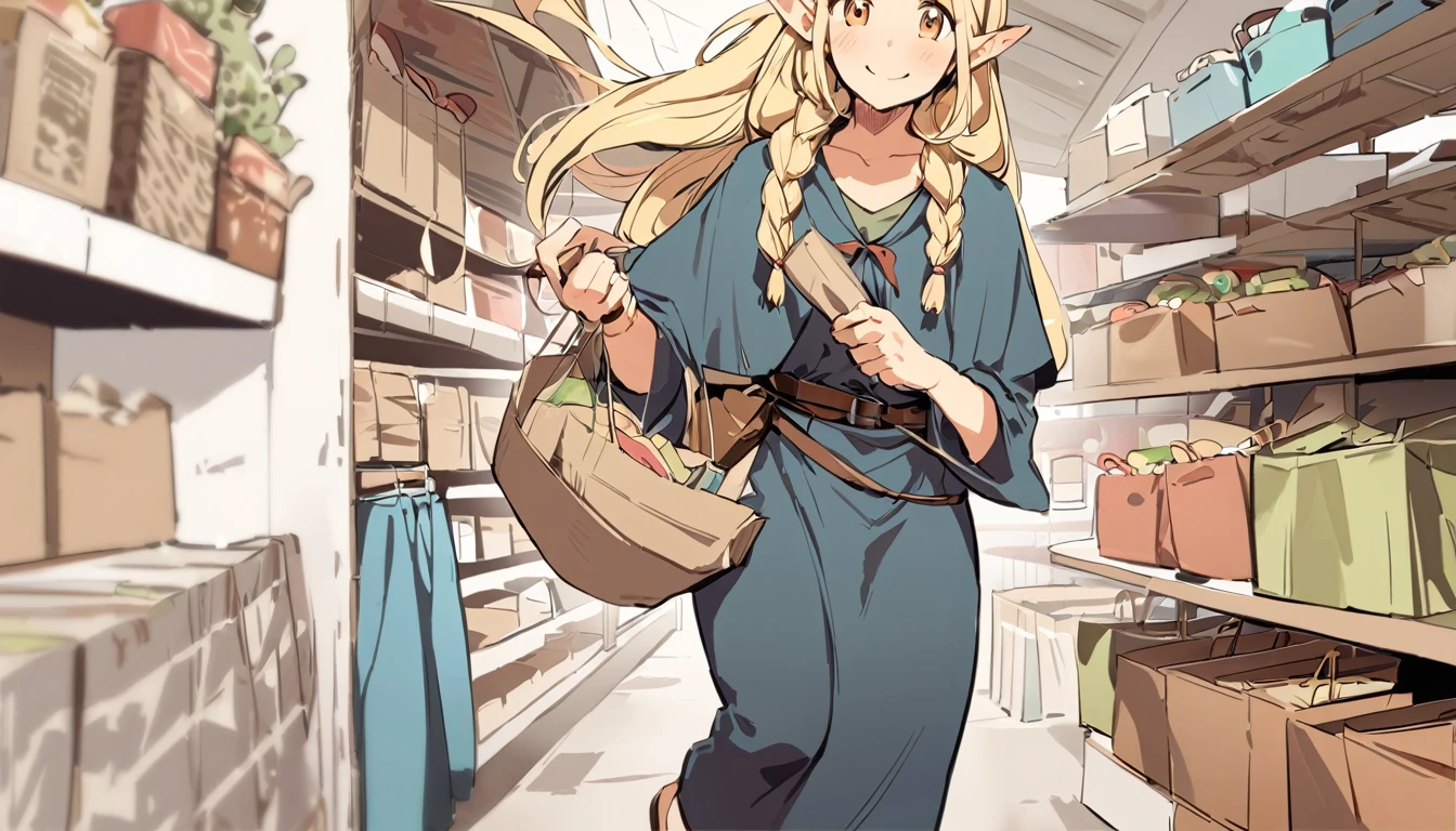 masterpiece, Top quality ï¼Œï¼Œ 1 girl, alone, Blonde, Pointed Ears, Braiding, Fairy, Long Hair, Sandals, Robe, smile, twin Braidings, whole body, looks fun, Holding, belt, shopping,Warm colors,warm color,carrying a large paper bag