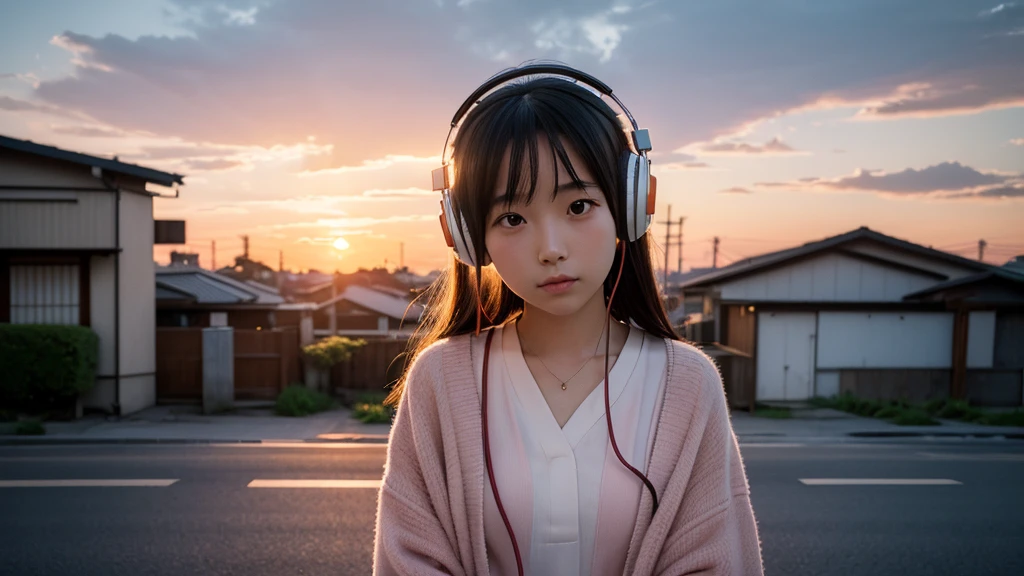 Photorealistic, ultra-high resolution 8K image of a nostalgic summer sunset scene. Close-up of a 20-year-old Japanese girl listening to music with headphones. She is alone, surrounded by the warm glow of the setting sun. Realistic details of her face, headphones, and summer attire. Background shows a blurred Japanese street at dusk with believable architecture and cloud formations. Soft, warm lighting with orange and pink hues. Capture a sense of nostalgia and solitude.