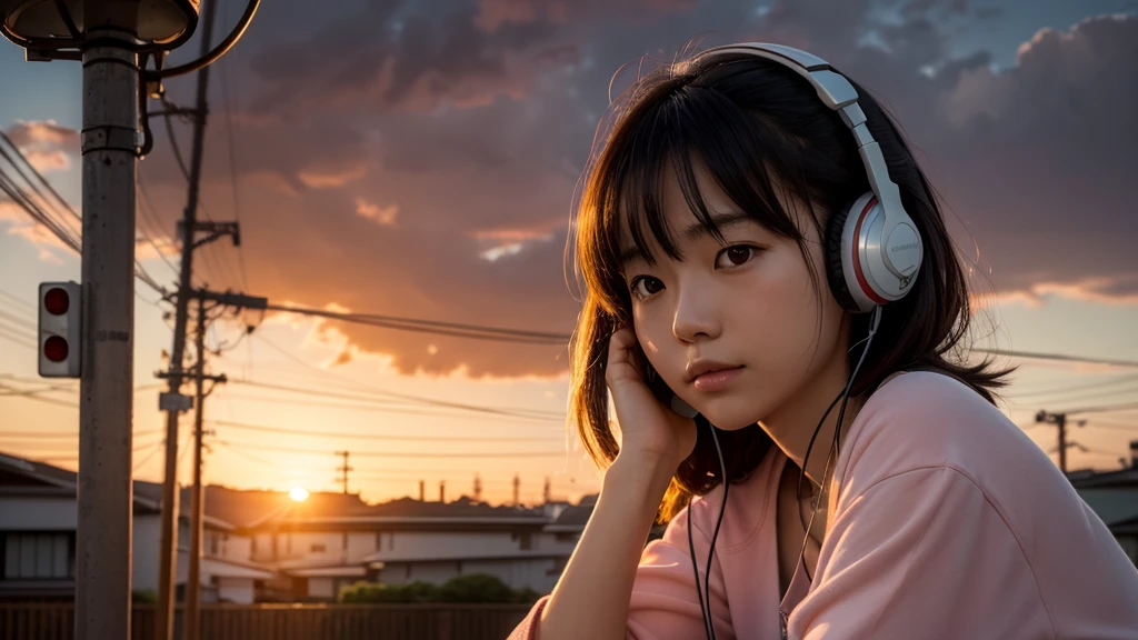 Photorealistic, ultra-high resolution 8K image of a nostalgic summer sunset scene. Close-up of a 20-year-old Japanese girl listening to music with headphones. She is alone, surrounded by the warm glow of the setting sun. Realistic details of her face, headphones, and summer attire. Background shows a blurred Japanese street at dusk with believable architecture and cloud formations. Soft, warm lighting with orange and pink hues. Capture a sense of nostalgia and solitude.