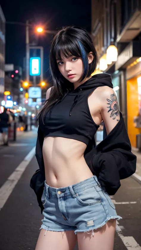 high resolution、1 female、girl、black hair、short hair、slanted eyes、blue eyes、thin、hoodie、fur、tank top、shorts、belly button、tattoo s...