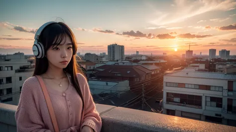 hyper realistic 8k image of a nostalgic summer sunset scene. beautiful 25-year-old japanese woman with delicate facial features,...