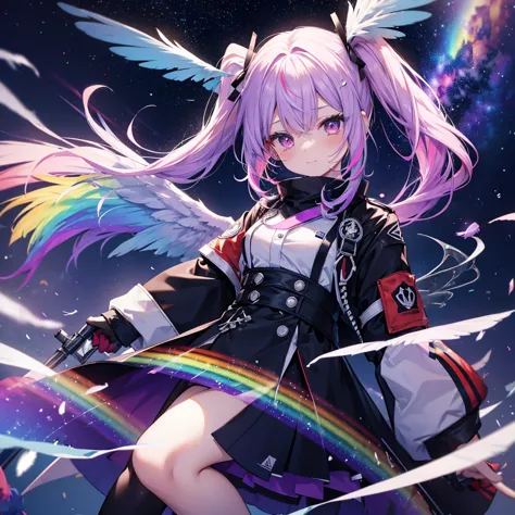 ((Archangel　Fantasy　Rainbow Hair　Dye the inside of your hair rainbow colors　Twin tails　Dull red eyes　There is a galaxy　uniform　P...