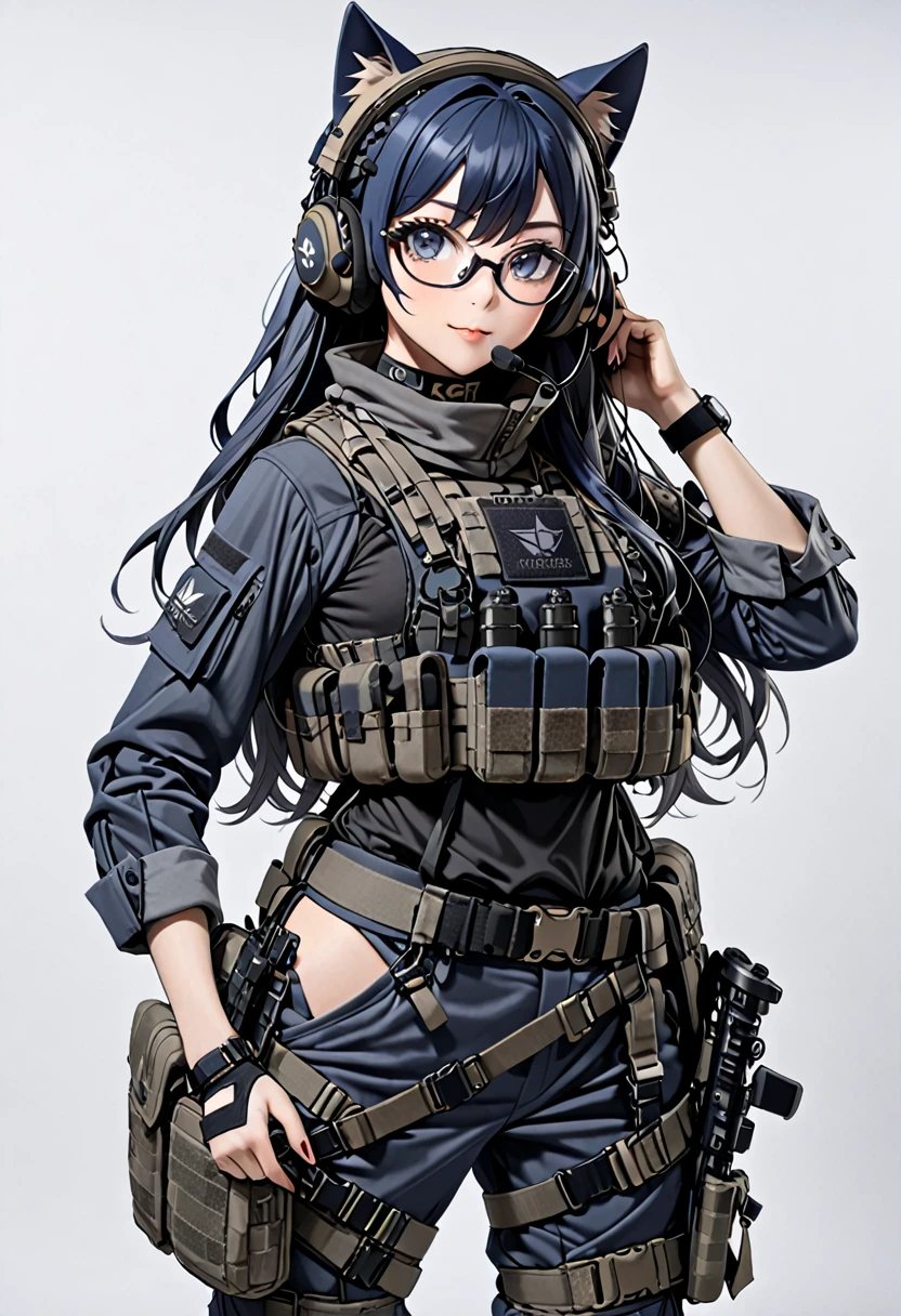 8K Ultra High-Quality, ultra-detailed, High quality, Dark Blue hair, Long hair, Headset, Goggles, cat girl, Grey Tactical clothes, Military clothes, body harness, Looking at viewer, choker, glasses, full body