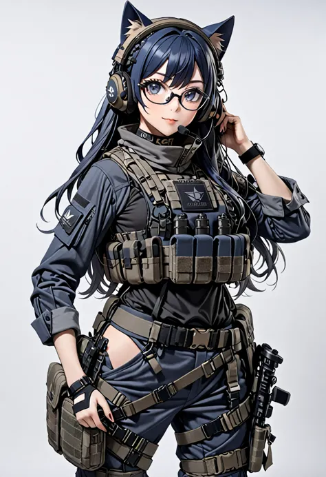 8k ultra high-quality, ultra-detailed, high quality, dark blue hair, long hair, headset, goggles, cat girl, grey tactical clothe...