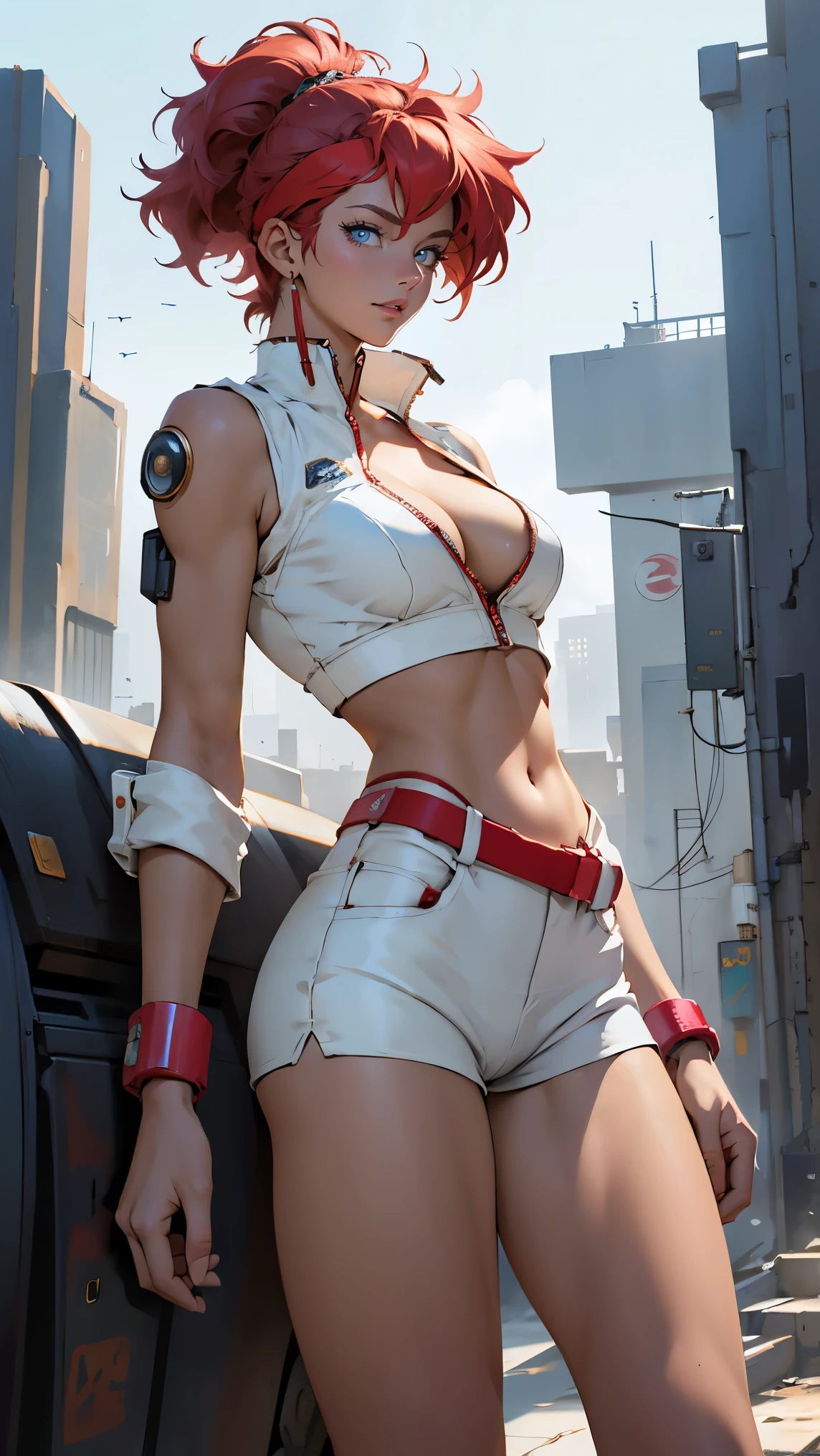 ((Masterpiece, highest quality; 1.3)), super quality, beautiful detail, super detailed, extra fine, 16K, exquisite, absurd, high resolution, beautiful background, detailed background, beautiful eyes, beautiful skin, anime style, Kay from Dirty Pair in a white outfit, tight outfit, cleavage, bushy redhead beauty, very light blue uniform, wearing tight clothes, skimpy, (mid chest: 1.2), cleavage, cleavage, slim waist , thin waist, slim thighs, thin legs, slim legs. thigh gap, showing stomach, skinny, thin hips, cyberpunk city background, holding retro space gun , headband, 