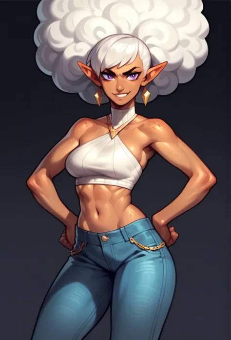 dark-skinned tomboyish woman, long puffy afro-like silver hair, violet eyes, long pointy ears, scales on skin, gold earrings, ca...