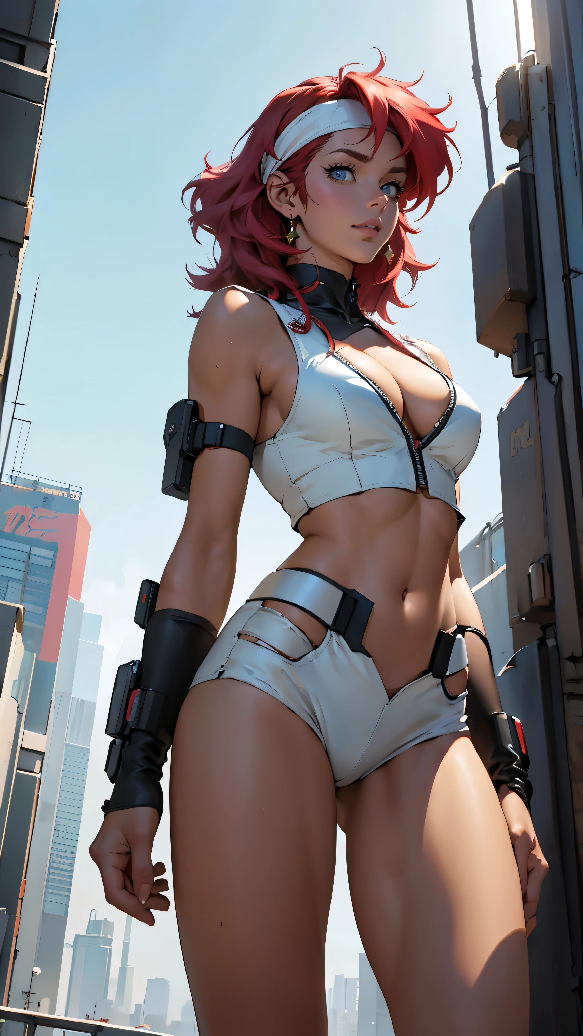 ((Masterpiece, highest quality; 1.3)), super quality, beautiful detail, super detailed, extra fine, 16K, exquisite, absurd, high resolution, beautiful background, detailed background, beautiful eyes, beautiful skin, anime style, Kay from Dirty Pair in a white outfit, tight outfit, cleavage, bushy redhead beauty, very light blue uniform, wearing tight clothes, skimpy, (mid chest: 1.2), cleavage, cleavage, slim waist , thin waist, slim thighs, thin legs, slim legs. thigh gap, showing stomach, skinny, thin hips, cyberpunk city background, holding retro space gun , headband, 