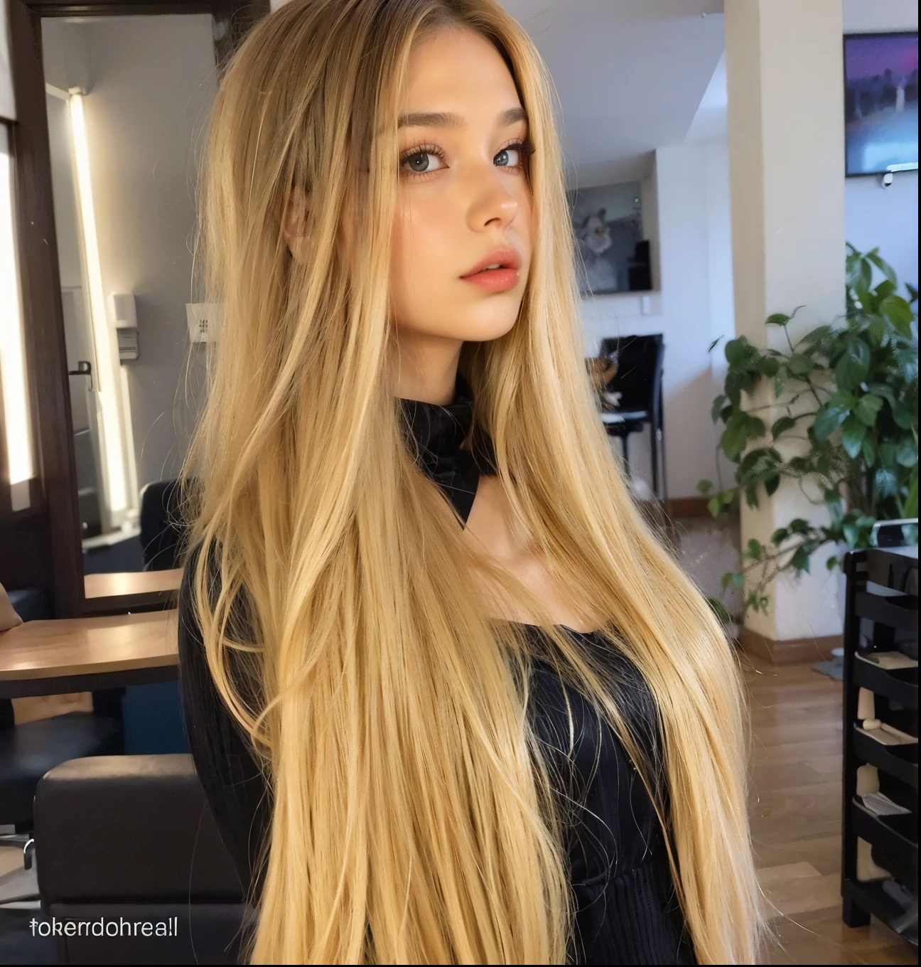 Mujer rubia con pelo largo en un salón con un top negro - SeaArt AI