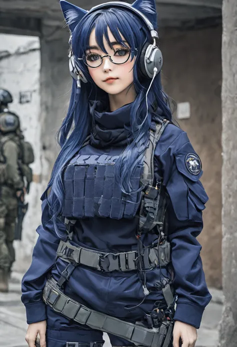 8k ultra high-quality, ultra-detailed, high quality, dark blue hair, long hair, headset, goggles, cat girl, grey tactical clothe...