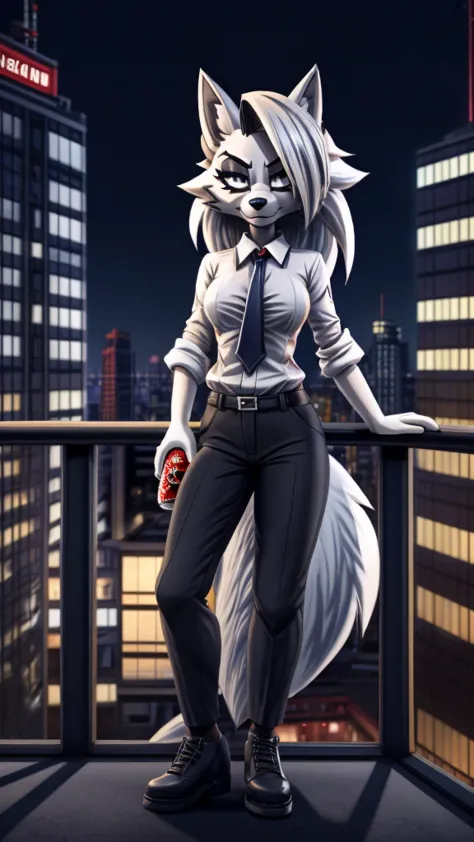 Loona from Helluva Boss, female wolf, anthro, mature adult, soft white hair, grey eyes, white shirt with tie, black pants, black...