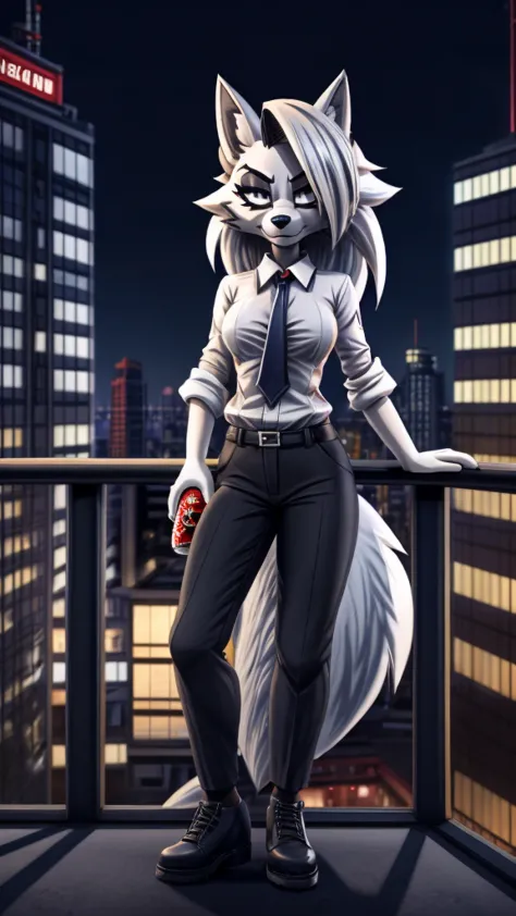 loona from helluva boss, female wolf, anthro, mature adult, soft white hair, grey eyes, white shirt with tie, black pants, black...