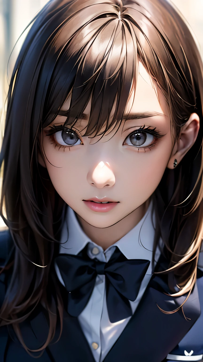 (hig彼st quality、8k、32K、masterpiece)、(Realistic)、(Realistic:1.2)、(High resolution)、Very detailed、Very beautiful face and eyes、1 girl、Delicate body、(hig彼st quality、Attention to detail、Rich skin detail)、(hig彼st quality、8k、Oil paints:1.2)、Very detailed、(Realistic、Realistic:1.37)、Bright colors、Full Body Shot, ((high school girl:1.6, Navy Blazer:1.6, Navy pleated mini skirt)), (Closed blazer, Grey bow tie, White collared shirt, Black thigh-high socks)