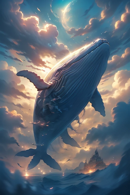 giant flying whale in the sky, realistic fantasy photography, fantasy photography, matte painting ”, matte painting”, breathtaking fantasy art, photomanipulation, flying whale, surrealistic digital artwork, flying whales, realistic fantasy illustration, majestic matte painting, surreal and fantasy art, beautiful digital artwork, photo manipulation, 3 d render and matte painting