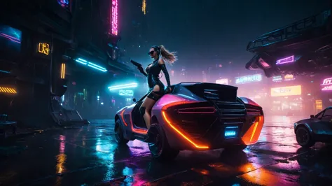 (aerial view, a flying cars docking platform, a very dark abandoned futuristic city, neon lights), rainy night. (((1girl, solo, ...