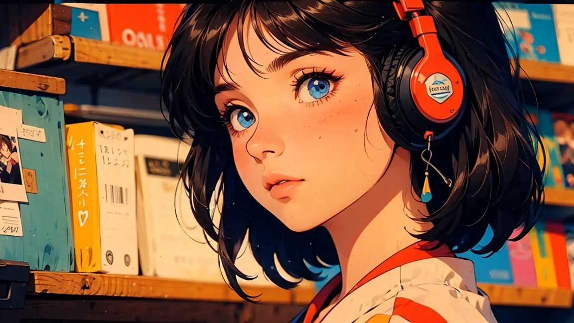 (artwork:1.2), (highest quality:1.2), ultra-high resolution, super detailed, perfect lighting, GIRL WITH DETAILED FACE WITH FACE FORWARD, SHORT HAIR, BLUE EYES, small AND ROUNDED nose, 80s anime style GIRL , HEADPHONES, FACE CLOSE UP, RECORD PLAYER,HOLDING A RECORD IN HAND, RECORD STORE