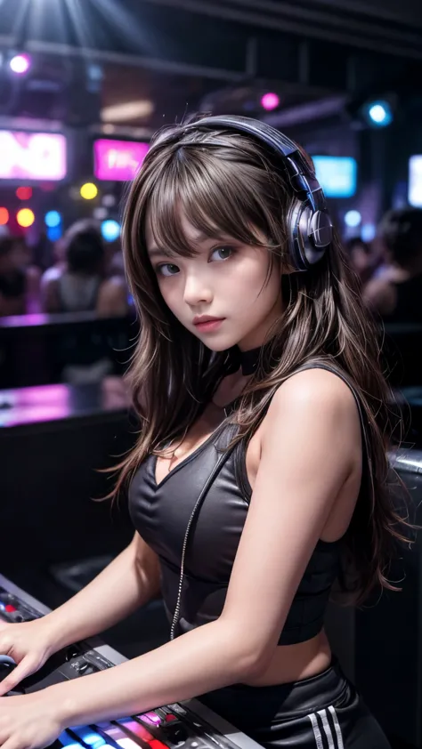 ((DJ girl at nightclub, Super popular DJ player, Enjoy operating DJ equipment:1.2)), (beautiful girl, Baby Face:1.5, Cute Face),...