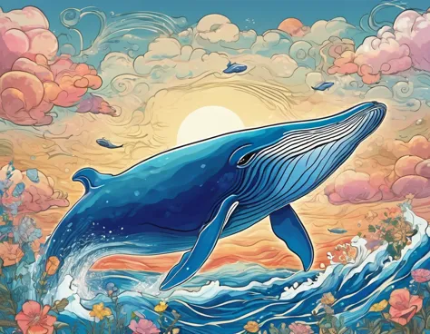 Beautiful and whimsical floral whale flying in the sky、Stunning sunrise、Detailed Clouds、Surrounded by delicate contours、アウトサイダーア...