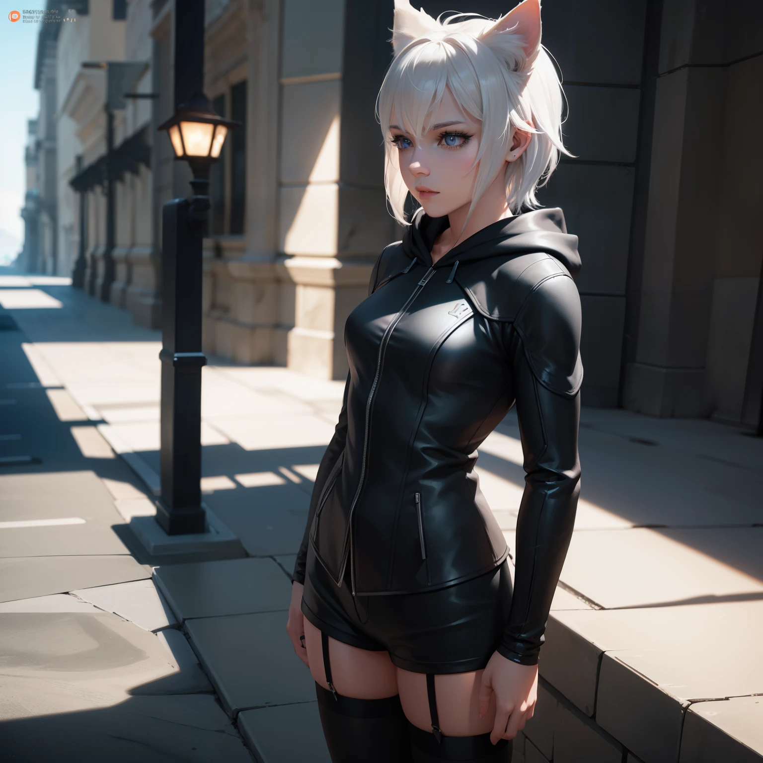 1 girl, character with cat ears, silver hair, short hair, beautiful detailed eyes, beautiful detailed lips, extremely detailed eyes and face, long eyelashes, wearing black hooded outfit, thigh-high stockings, garters, short shorts, (best quality,4k,8k,highres,masterpiece:1.2),ultra-detailed,(realistic,photorealistic,photo-realistic:1.37),concept art, fantasy, cinematic lighting, dramatic shadows You decided to wear a hoodie and covered your body, hiding yourself Rey 