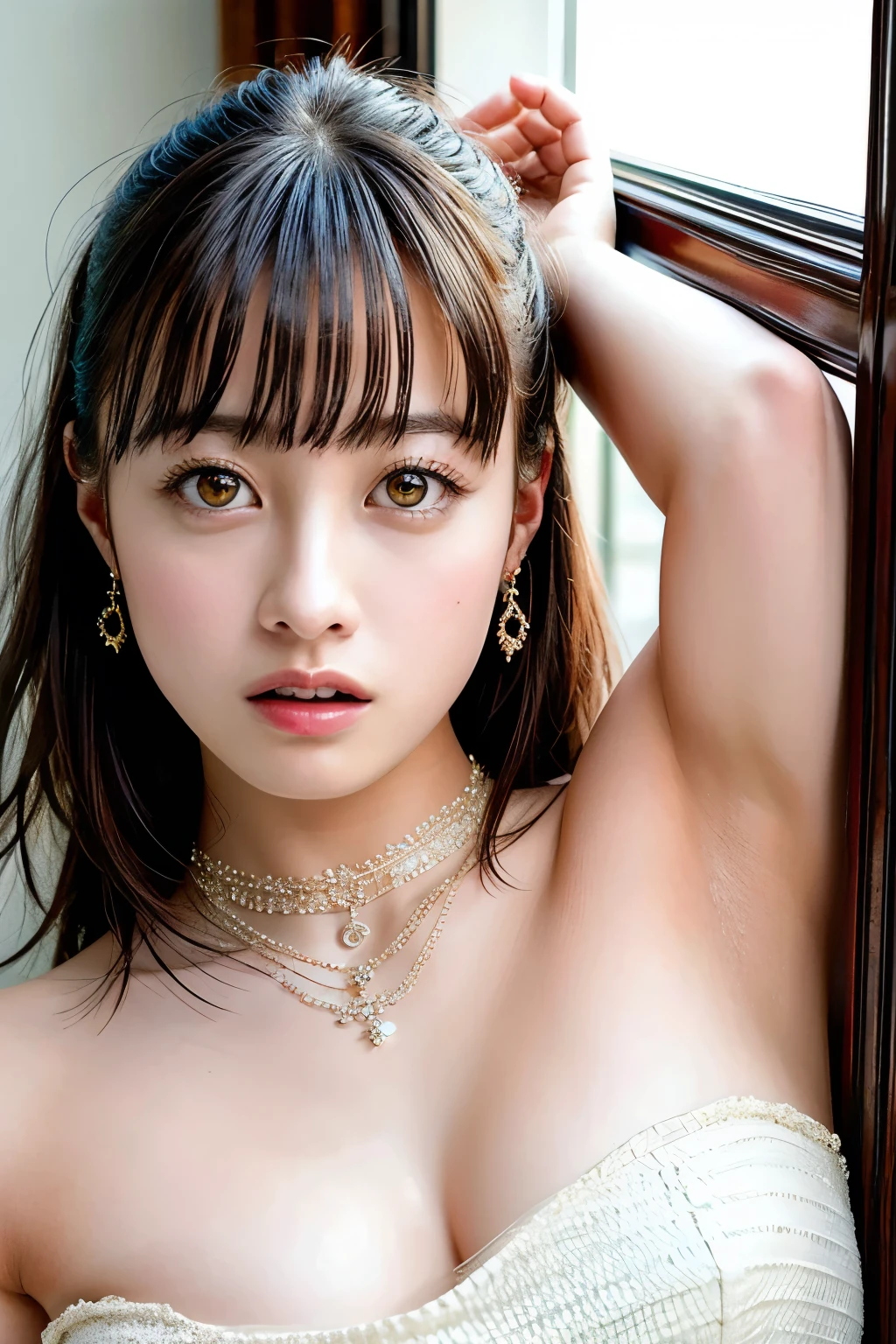 (realistic, photo-realistic:1.4), (best quality, masterpiece:1.2), RAW photo, high resolution, intricate details, extremely detailed, insanely detailed, incredibly detailed, realistic and sharp details, (portrait, frontal photography), looking at the camera, solo, 1girl, Kanna Hashimoto, a Japanese female idol, (armpits, hands behind head:1.5), (sheer lingerie,strapless, sleeveless,bare shoulders), necklace, earrings, jewelry, detailed face, beautiful detailed eyes, beautiful pupils, pale skin, photo background, indoors, high-class hotel,