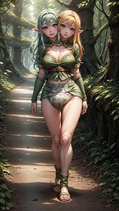 super detail beautiful elf-girl 30 years old, 2girls, walking through a forest, talking to each other, happy, light elf, dark el...