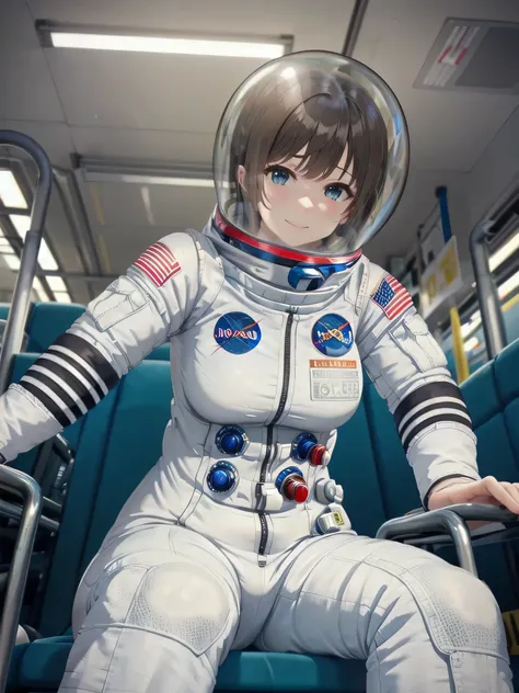 space helmet, (cinematic scene, sitting on a chair, train interior, , city view, night view: 1.5), space helmet, eva helmet, spa...