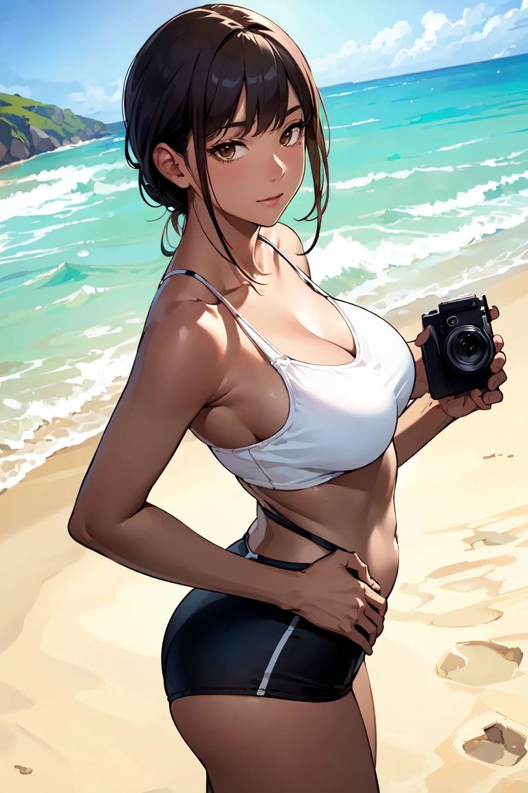 (best qualityer,incomparable masterpiece:1.4),ultra-detailed CG, woman on the beach looking at camera, camera com upper angle, tanned