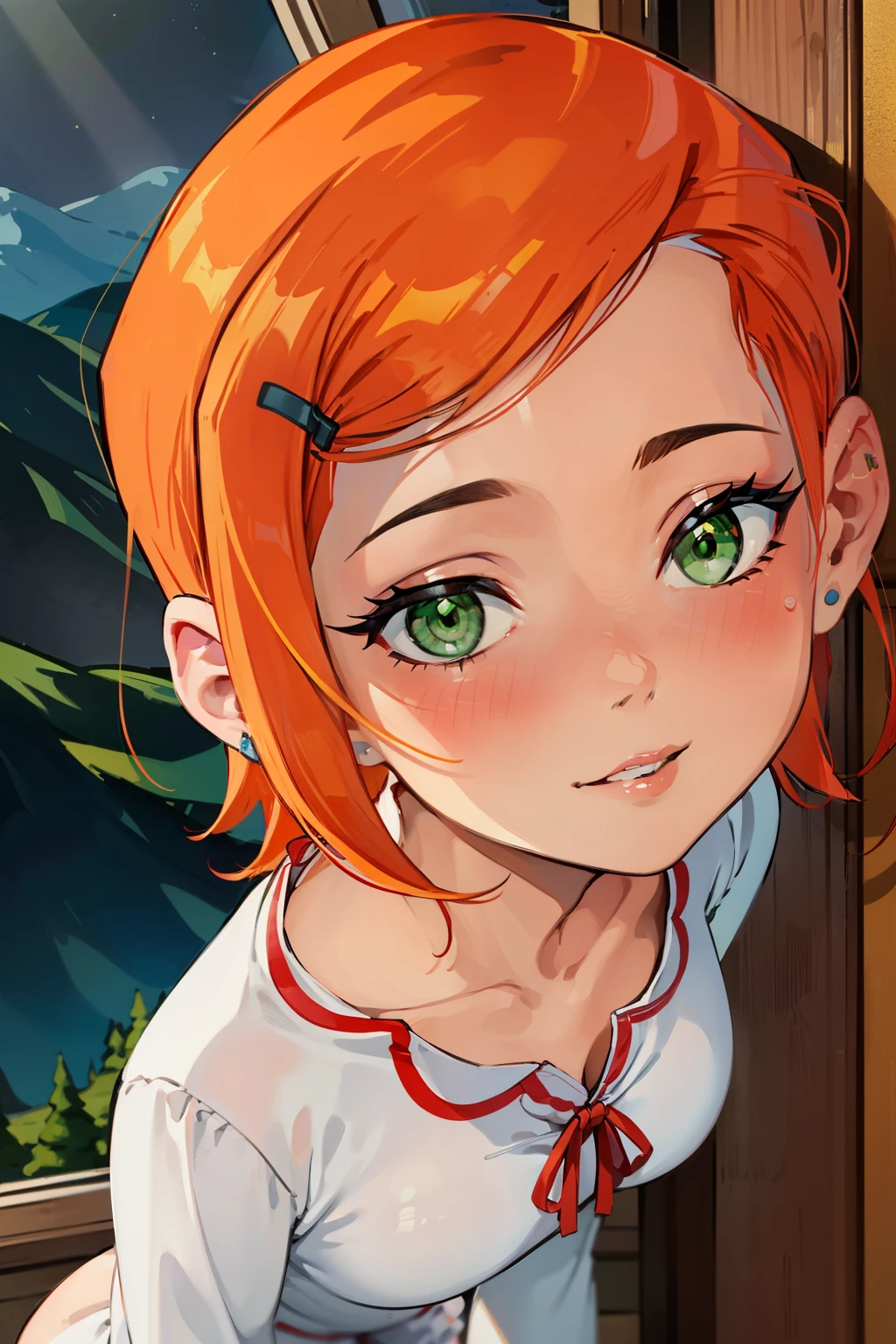 (Masterpiece), Best Quality, ultra-detailed, 1girl (Gwendolyn_Tennyson,  beautiful face, breasts, orange hair, short hair, green eyes, half-closed eyes), detailed face,a face in love, smile, parted lips, nose blush, blush , facing viewer, looking at viewer, solo, pink pajama, forest, night time, dark lighting, in the mountain cabin, standing, sexy waist teasing, come-on, cowboy shots