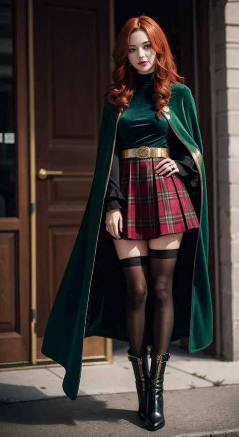 ((redheads)) thick long curly hair,((green)) cape) (velvet), ((gold trim, sleeve patch)), ((red)) plaid pleated skirt, black boo...