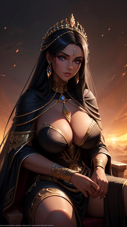 a tall ebony queen with big breasts, a powerful warrior goddess sitting on her throne in the desert at night, undressed, (best quality,4k,8k,highres,masterpiece:1.2),ultra-detailed,(realistic,photorealistic,photo-realistic:1.37),HDR,UHD,studio lighting,ultra-fine painting,sharp focus,physically-based rendering,extreme detail description,professional,vivid colors,bokeh,detailed face,beautiful detailed eyes,beautiful detailed lips,extremely detailed eyes and face,longeyelashes,full height,antiquity,chiaroscuro lighting