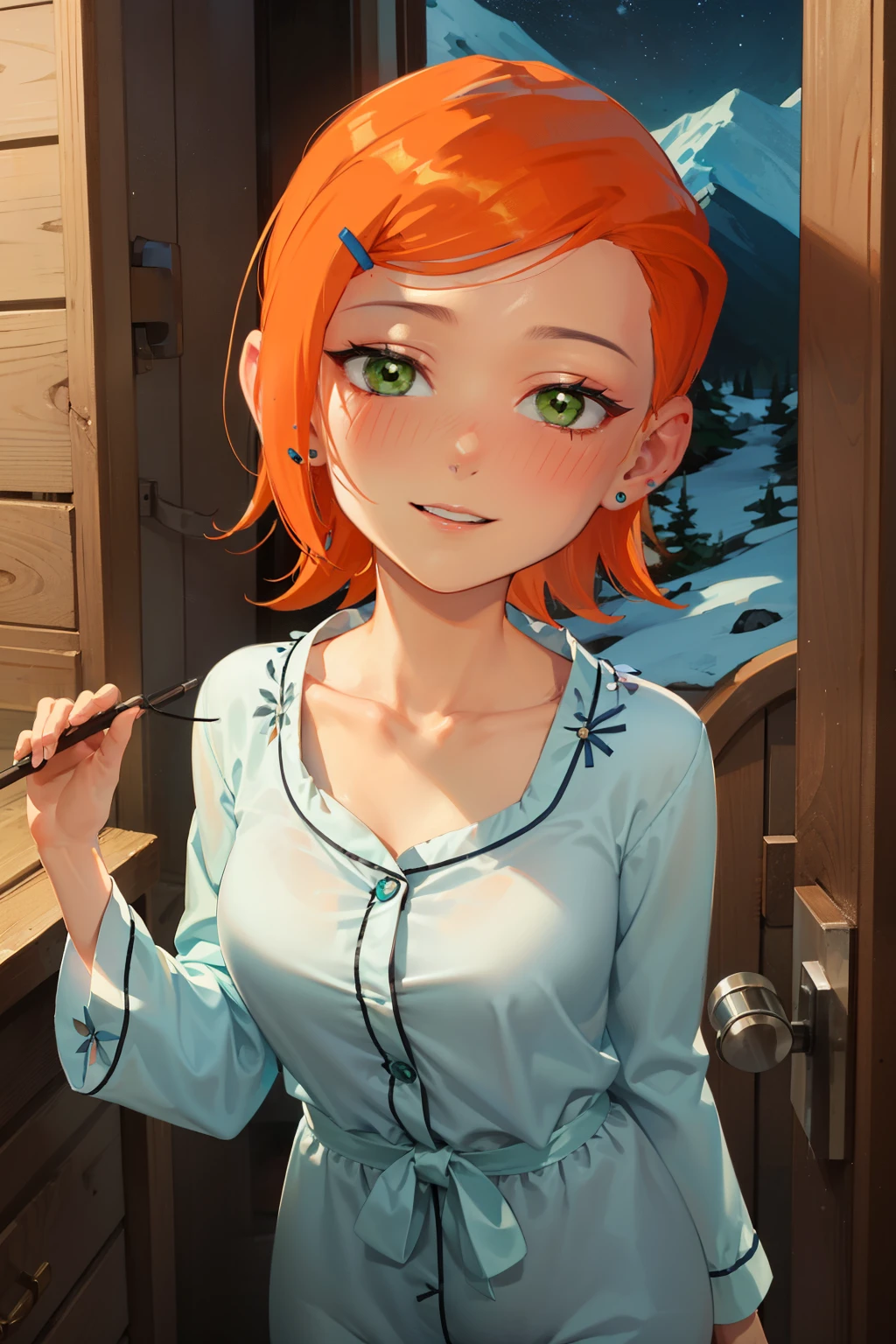 (Masterpiece), Best Quality, ultra-detailed, 1girl (Gwendolyn_Tennyson,  beautiful face, breasts, orange hair, short hair, green eyes, half-closed eyes), detailed face,a face in love, smile, parted lips, nose blush, blush , facing viewer, looking at viewer, solo, see-through pajama, forest, night time, dark lighting, in the mountain cabin, standing, sexy waist teasing, come-on, cowboy shots