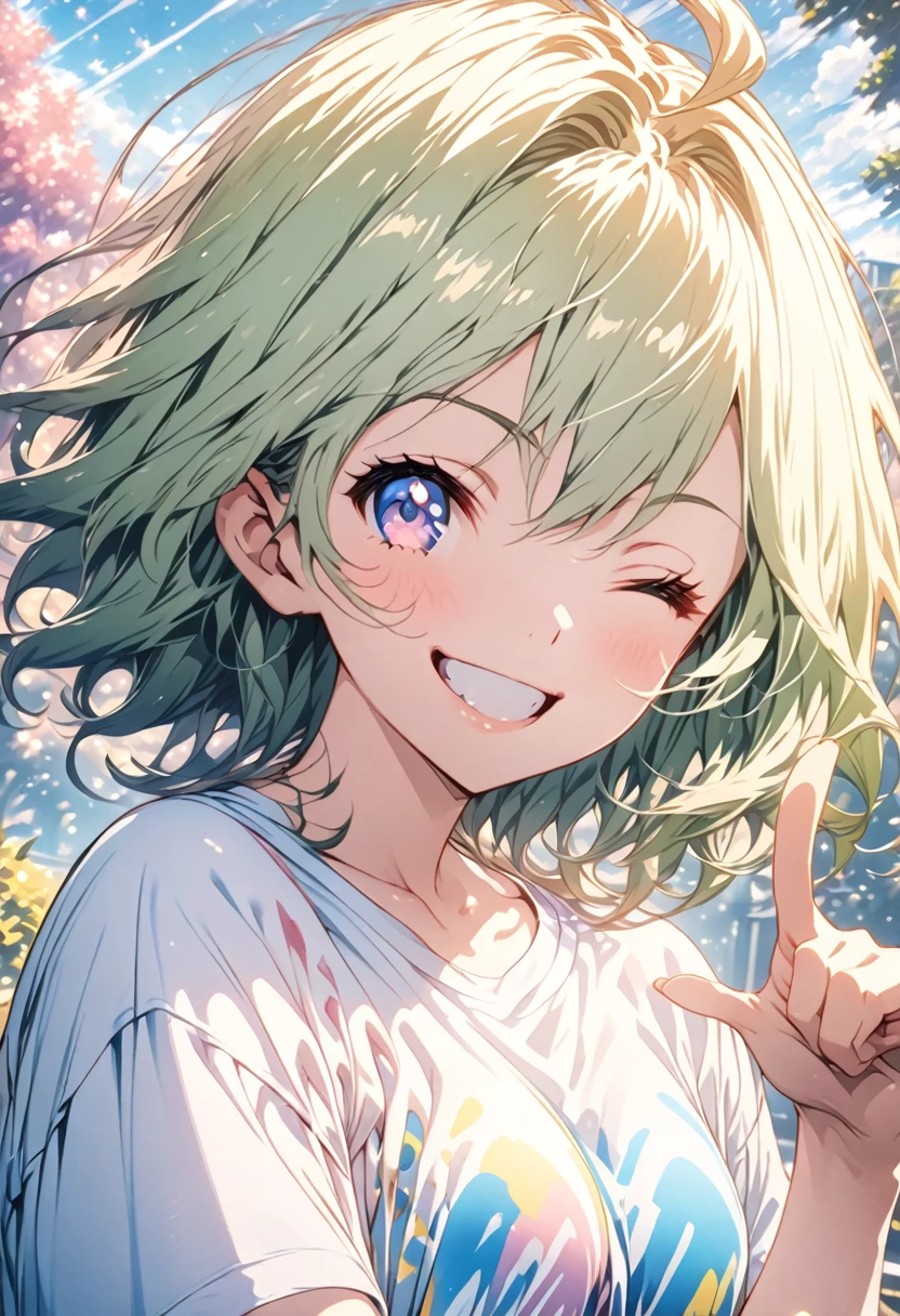 masterpiece, Highest quality, Highly detailed CG Unity 8K wallpapers, High School Girl Anime Illustration. Wearing an oversized T-shirt、She is pointing her finger、Green Hair、she has her eyes closed and mouth open, smile. The background is a light pastel colored landscape