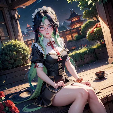 xianyun_(genshin impact), 1girl, red roses, multicolored hair, black hair, green hair, long hair, glasses, night sky, red short ...