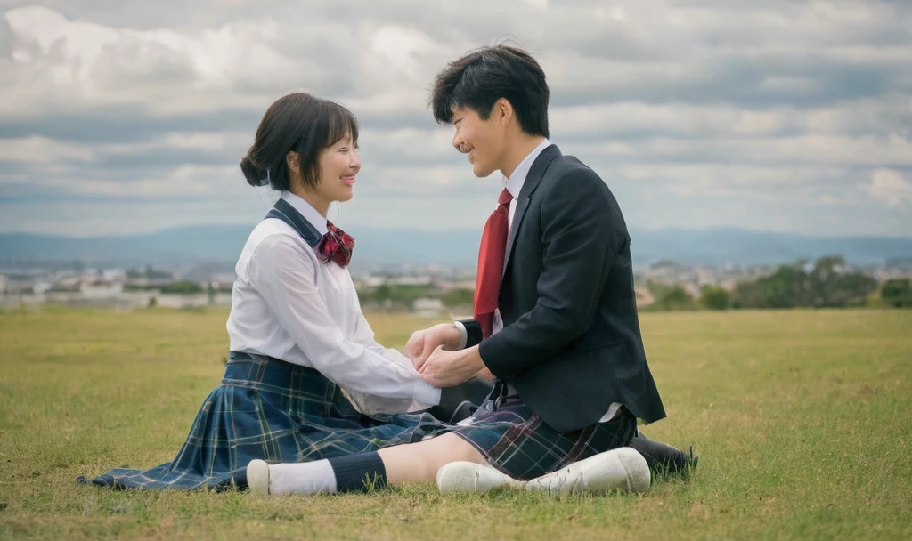 Photo of a young japanese couple. The female is wearing a white shirt with Navy collar, navy tartan skirt, red ribbon tie, black socks, and black sneakers. The male is wearing a gakuran. They are seated on a grassy field with blue cloudy sky in the backgroound. The male sits on the right of the female, playing an acoustic guitar. The female are leaning to the back with her hands on the ground, smile and looking at the distance. 