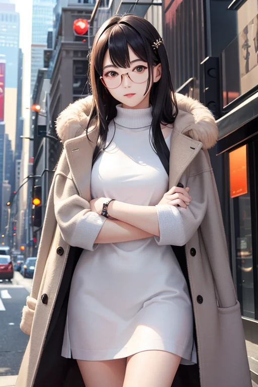 Highest quality、masterpiece、High sensitivity、High resolution、Detailed Description、Slender women、Glasses、Fur coat、In the middle of Manhattan、Arms crossed、Walking、A large amount of、It&#39;s raining banknotes、