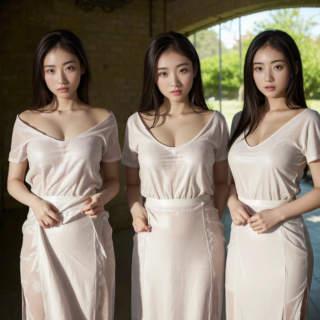 dress、(Photoreal:1.4)、(hyper realistic:1.4)、(realistic:1.3)、(smooth lighting:1.05)、(Cinema lightingImprovement of quality:0.9)、32K、identical twin sisters、20 year old girl、realistic lighting、Backlight、facial light、ray tracing、(brighter light:1.2)、(Improvement of quality:1.4)、(Highest quality realistic textured skin:1.4)、finely tuned、detailed face、fine eyes、(tired, sleepy and satisfied:0.0)、 close up of face、T-shirt、(Enhances the mood of your body line:1.1)、(Enhances the beauty of skin texture:1.1)、((naked))