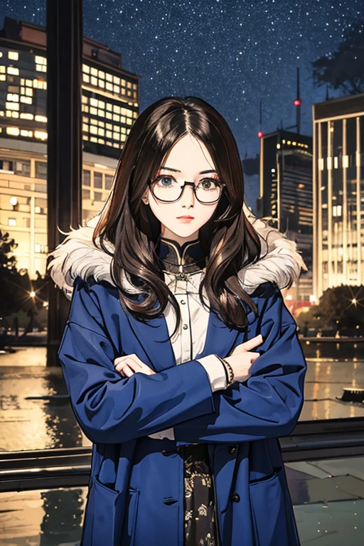 Highest quality、masterpiece、High sensitivity、High resolution、Detailed Description、Slender women、Glasses、Fur coat、Cross your arms、A lot of bills are falling from the sky、In the middle of the city、