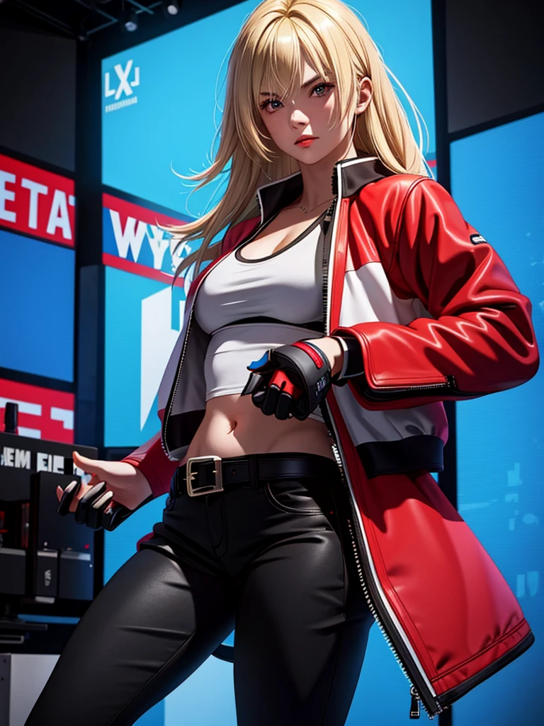 25-year-old woman, alone, blonde hair, red jacket, black t-shirt, black belt and black pants, black fingerless exercise gloves, annoyed look, expelling great blue power, cinematic, ultra-sharp focus, photography award winning, perfect contrast, high sharpness, depth of field, ultra detailed photography, global illumination, fluid, ultra high definition, 8k, Unreal Engine 5, ultra sharp focus, award winning photography, art station trends
