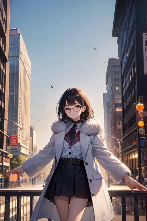 Highest quality、masterpiece、High sensitivity、High resolution、Detailed Description、Slender women、Glasses、Fur coat、Cross your arms、A lot from the sky、The bills are falling、In the middle of the city、
