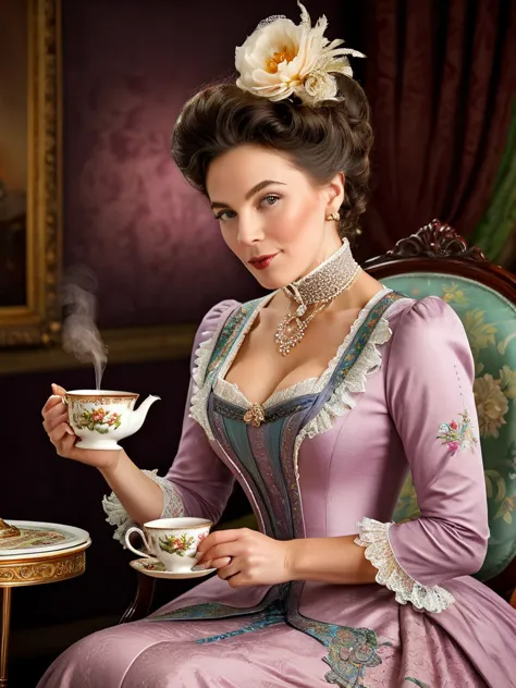 a very elegantly dressed lady drinking a very hot and steaming cup of tea. professional portrait, [detailed], [vivid colors], [r...