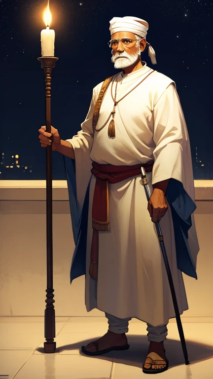 Indian An old man in a white tunic with a cane ,  full height, NIGHT