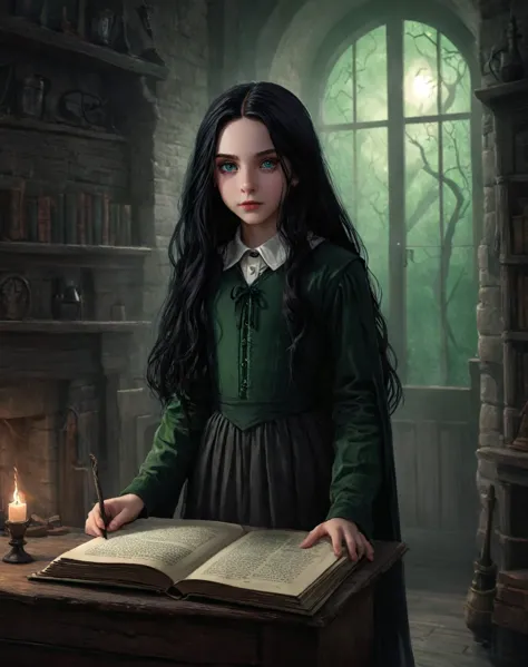 illustration of 11 years old daughter of severus snape, ,long black hair,pale skin,hair over eyes,green eyes,witch, cover page, ...