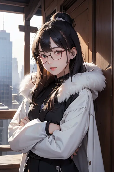 highest quality、masterpiece、high sensitivity、high resolution、detailed description、slender women、glasses、fur coat、cross your arms...