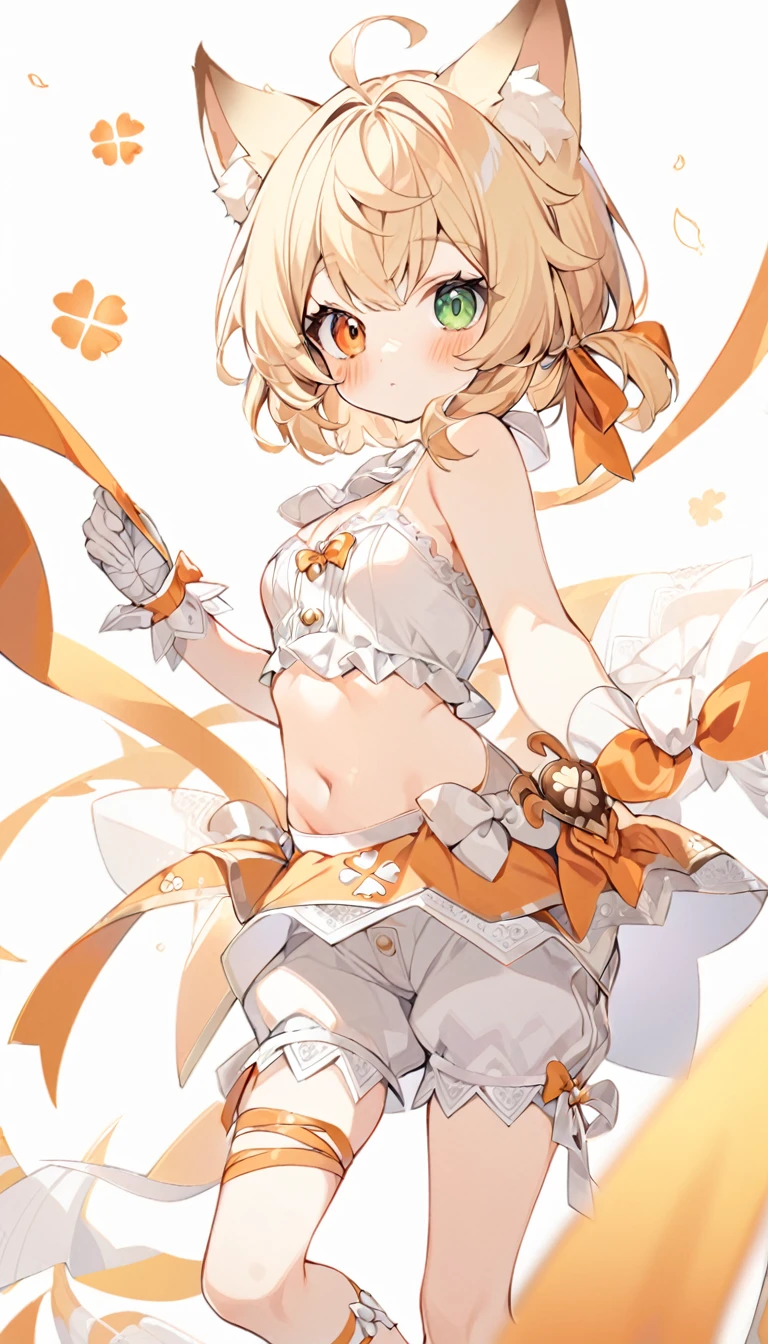 The fox girl,1girl,short hair, The hairstyle is like Klee's,animal ears, bangs, bare shoulders, blonde hair, blush, bow, breasts, white cleavage, cropped torso, , green eyes, hair ribbon, heterochromia, , looking at viewer, , orange bow, orange eyes, orange ribbon,  ribbon, solo, , upper body, full-length, white legbands, white shoes with lace and white bows, white background, wrist cuffs, yellow eyes, bloomers, close-up, fair skin frills, lace, midriff, skirt, solo, , white background,shorts, white top with ribbon and lace and trousers,trousers, genshin,white slippers with a bow,All clothes are white, laceAt full height, it stands,bandaged hands, short hair , ankle lace-up, ankle ribbon, bow, leg ribbon, lineart, , shoes, , standing, , white bow, white footwear,