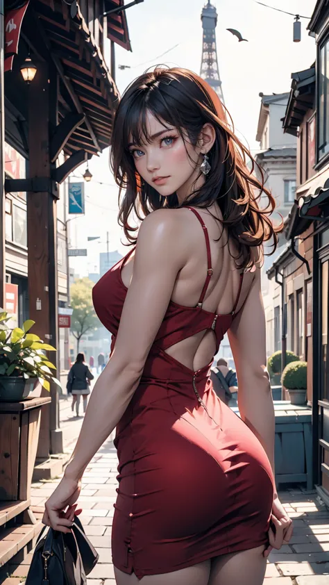 stunning 3d rendering of a beautiful woman in shorts, red dress, lush tree々posing seductively in a narrow alley surrounded by. t...