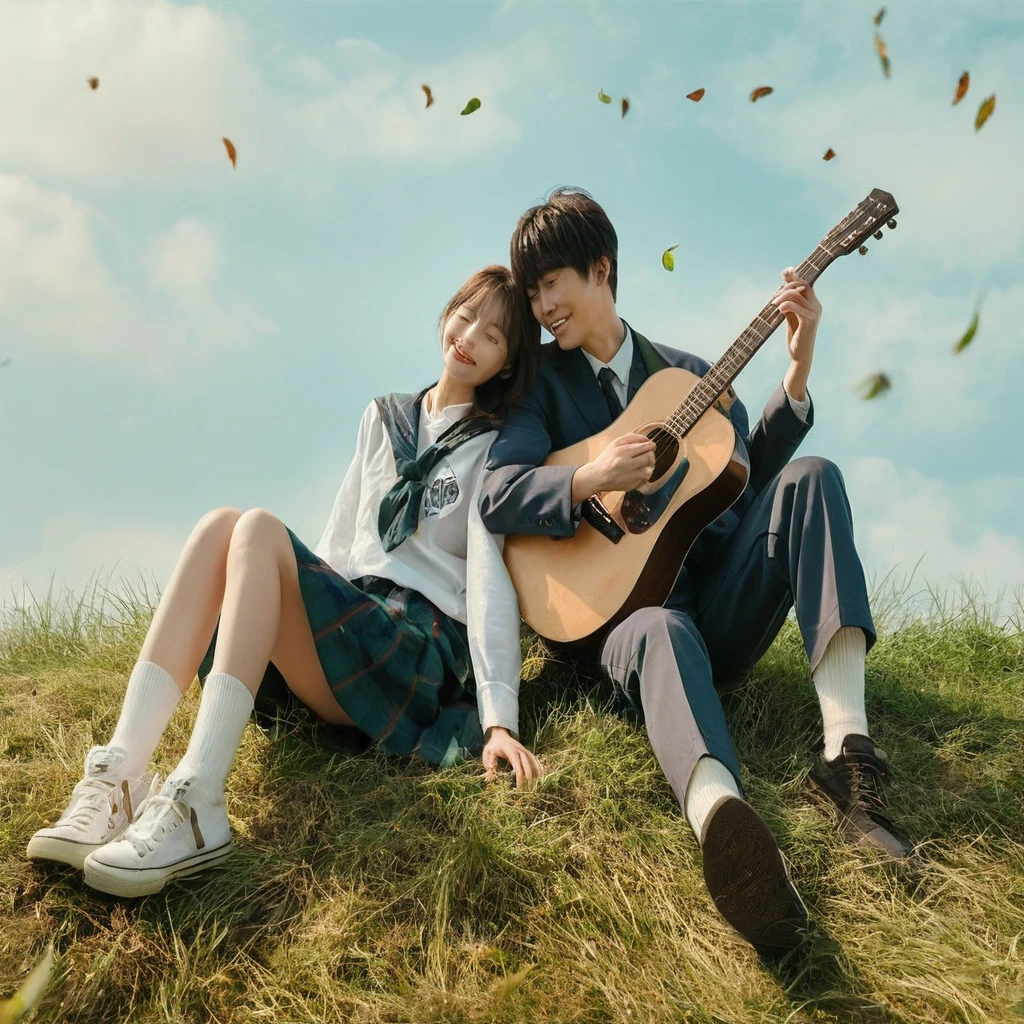 A captivating photo of a young Japanese couple enjoying a serene moment outdoors. The female, wearing a white Japanese high  and tartan with white socks and sneakers, leans back with a smile, her hands on the ground as she gazes into the distance. Her male counterpart, dressed in a dark Japanese high  with matching pants, strums an acoustic guitar, creating a soothing melody. Surrounded by a lush, green grassy field and a light blue sky, the soft, natural lighting and gentle breeze rustling the grass beneath their feet, this image encapsulates the essence of youth, love, and tranquility. Some flying leaves on the background,