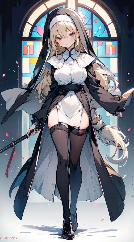 nun，nun服，黑白nun服，Colored hair，nun头巾，Big breasts，Full of figure，Church Background，Stained window glass，Mosaic art background，nun，高开叉nun长袍，Absolute Domain，thigh，thigh，thigh，黑白Knee socks，黑白Knee socks，Knee socks，黑色过膝Silk socks，Silk socks，Silk socks，Knee socks，Flesh，nun长袍，Cheongsam style hem，Robe hem，Robe hem，Long hem robe，Front of robe，Long skirt，Long skirt，Long skirt，Long front robe，Front of robe，thigh侧面，Long blond hair，blond，cute，gentle，Smile，慈爱的Smile，Wide crotch，Wide crotch，Thin waist，Fleshthigh，Robe front hem，Front swing of mopping