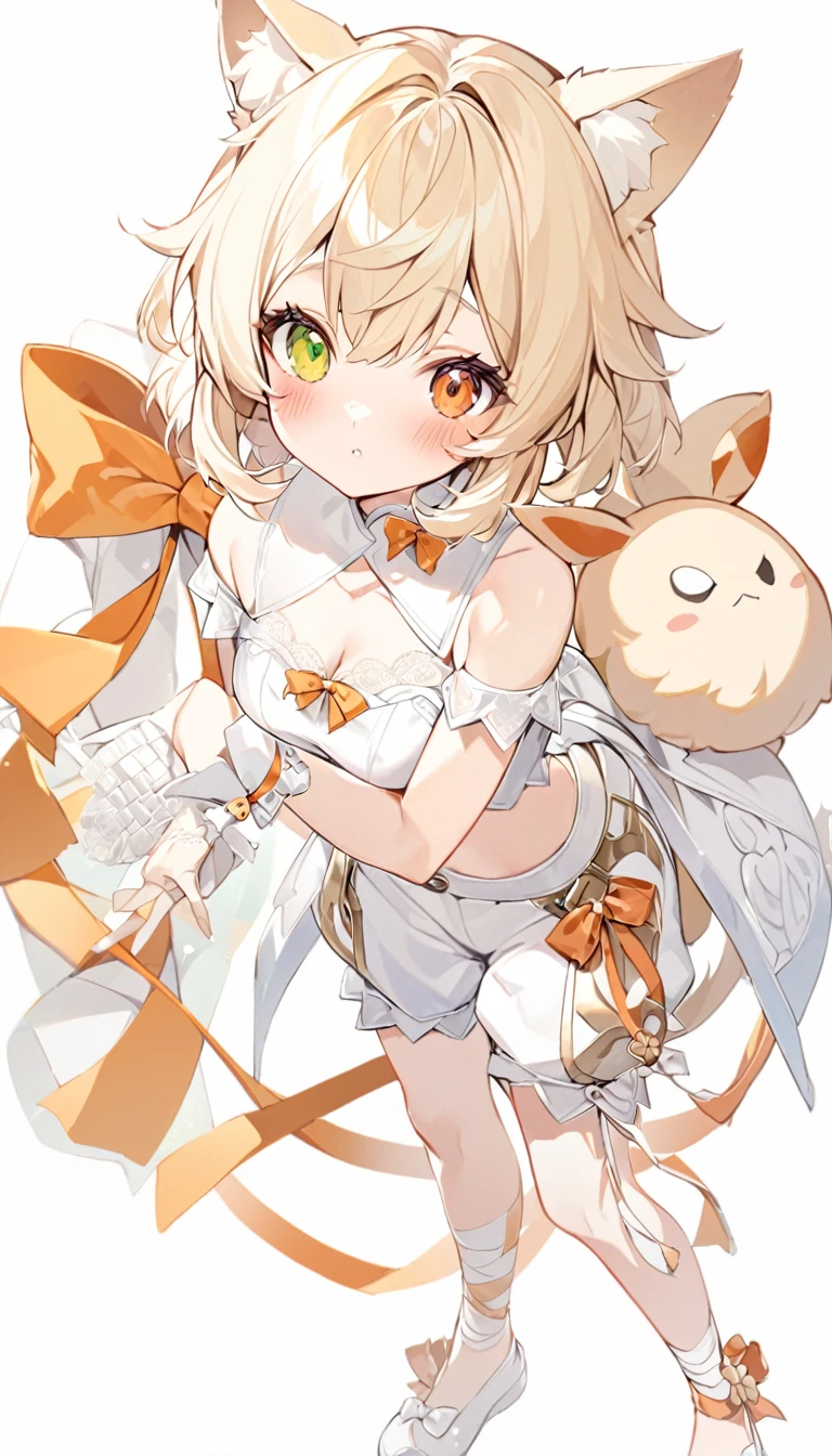 The fox girl,1girl,short hair, The hairstyle is like Klee's,animal ears, bangs, bare shoulders, blonde hair, blush, bow, breasts, white cleavage, cropped torso, , green eyes, hair ribbon, heterochromia, , looking at viewer, , orange bow, orange eyes, orange ribbon,  ribbon, solo, stuffed animal, , , twintails, upper body, full-length, white legbands, white shoes with lace and white bows, white background, wrist cuffs, yellow eyes, bloomers, close-up, fair skin frills, lace, midriff, skirt, solo, , white background,shorts, white top with ribbon and lace and trousers,trousers, genshin,white slippers with a bow,All clothes are white, laceAt full height, it stands,bandaged hands, short hair , ankle lace-up, ankle ribbon, bow, leg ribbon, lineart, , shoes, , standing, , white bow, white footwear,